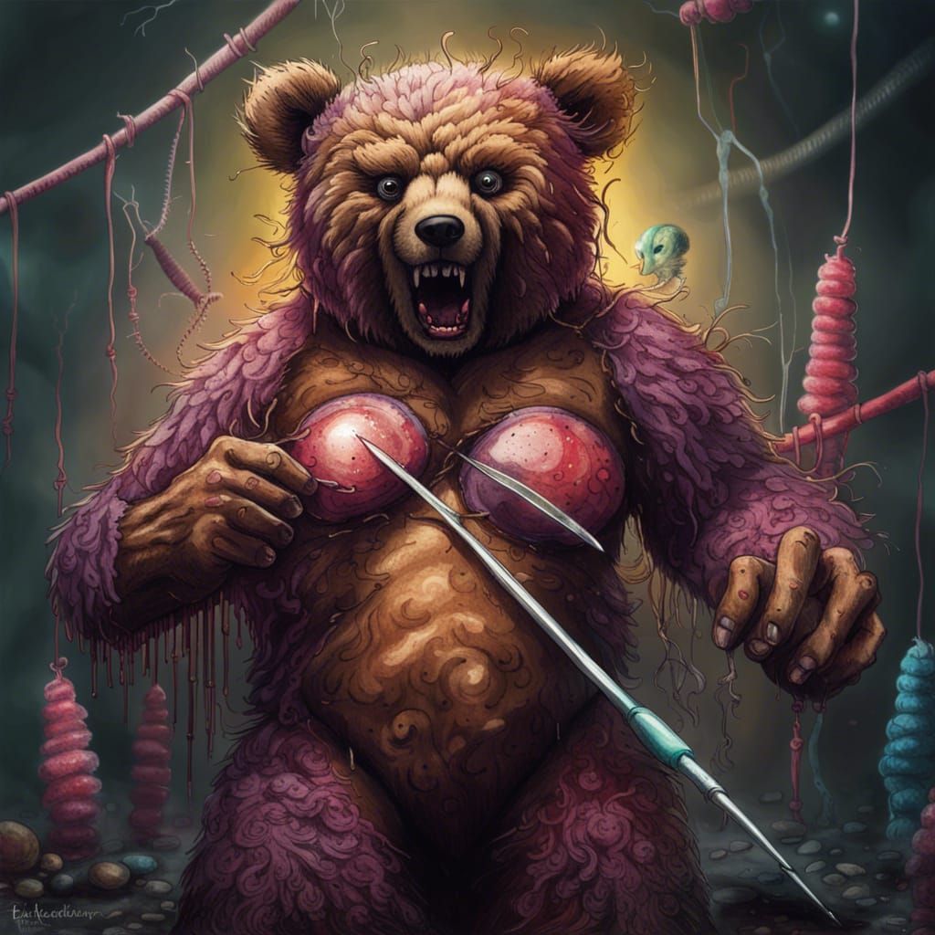 Creepy Teddy Bear Monster with Sewing Needle