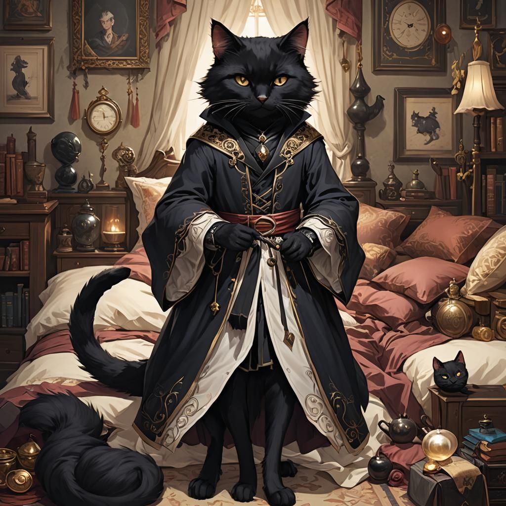 Anthropomorphic Black Cat Mage in Feminine Bedroom