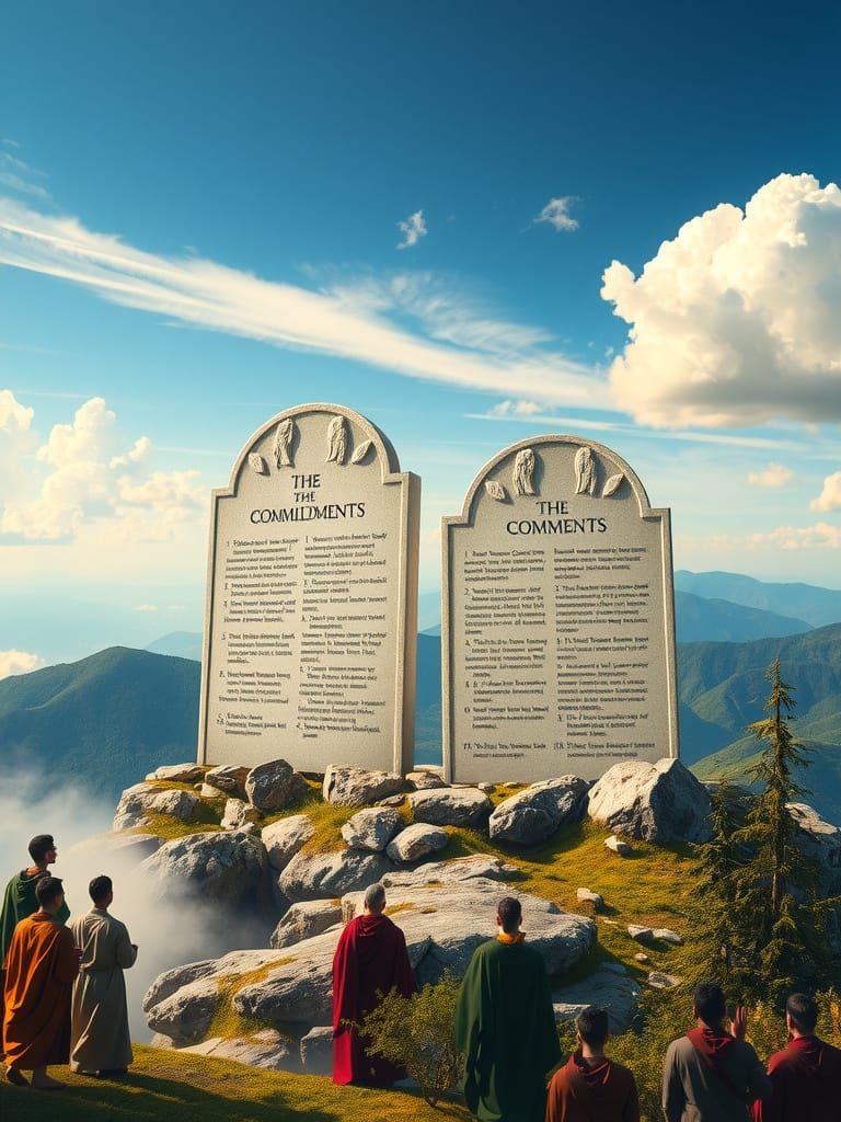Elevated Mountaintop Scene with Stone Tablets and Lush Lands...