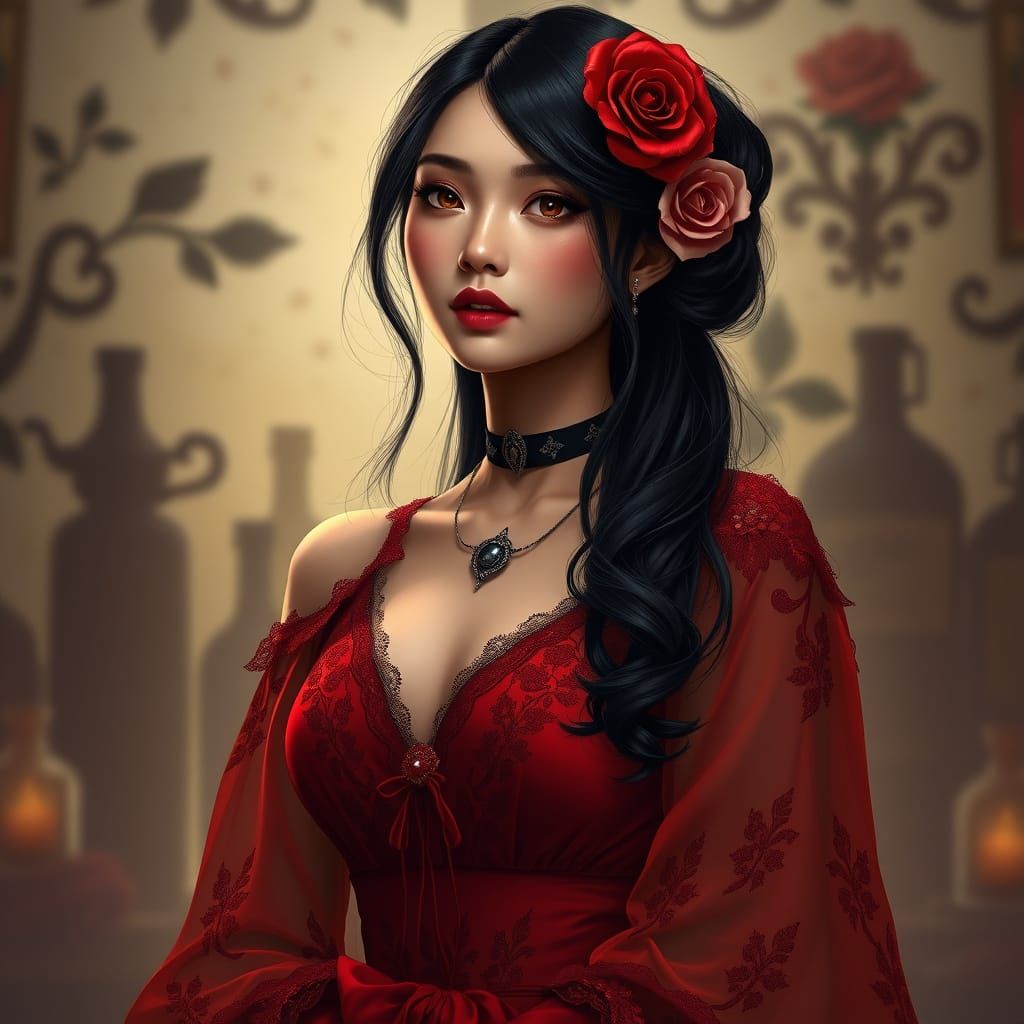 Thai Woman in Crimson Victorian Gown with Rose