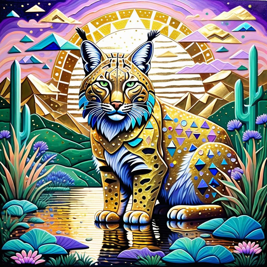 Mythical 3D Bobcat in Jungle Scene with Gold Sun