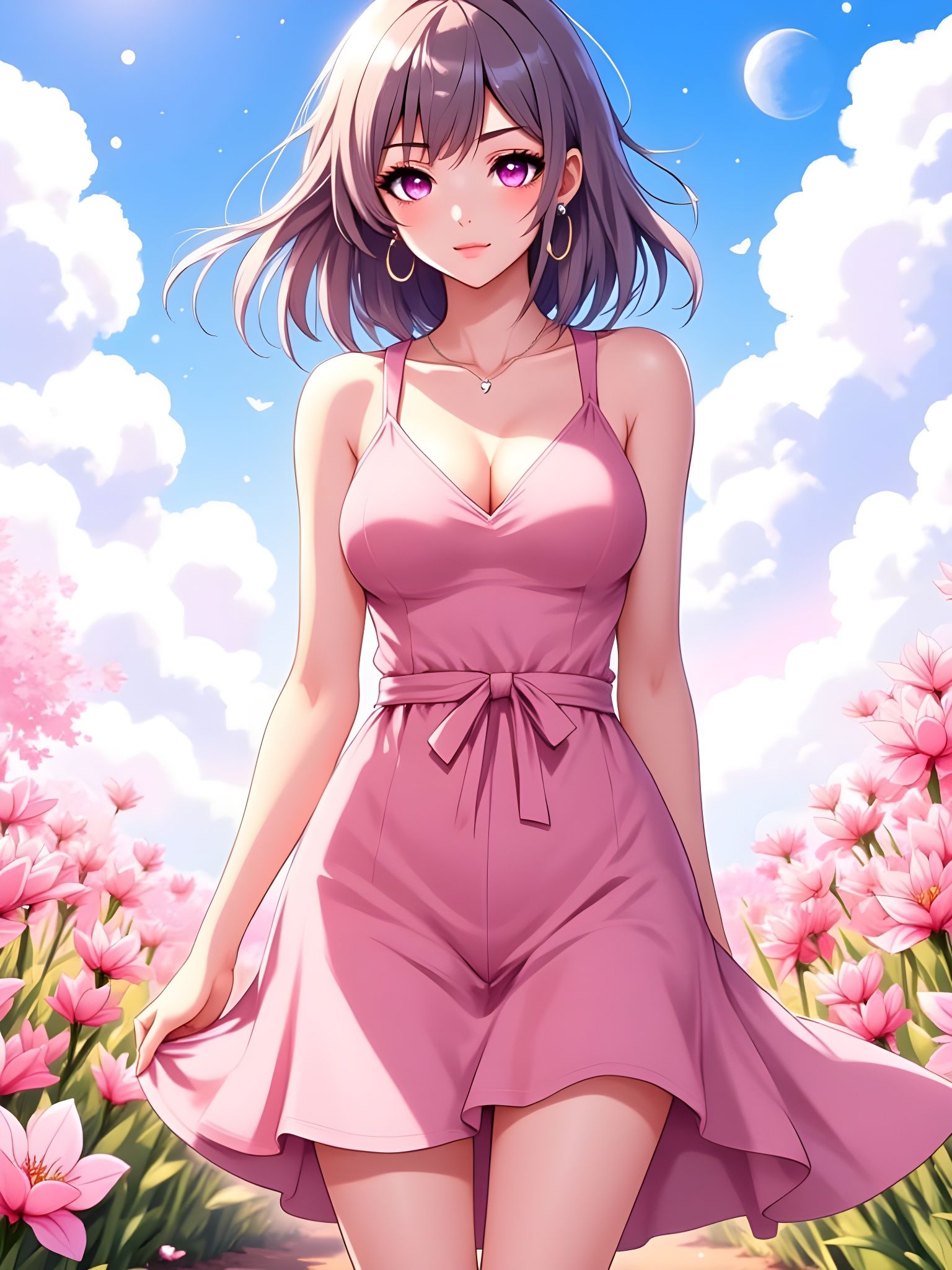 Anime Woman in Pink Flower Field, Detailed 8K