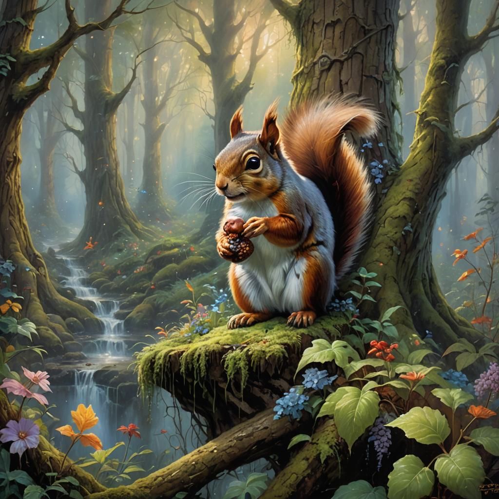 Magical Squirrel in Fantasy Forest Oil Painting