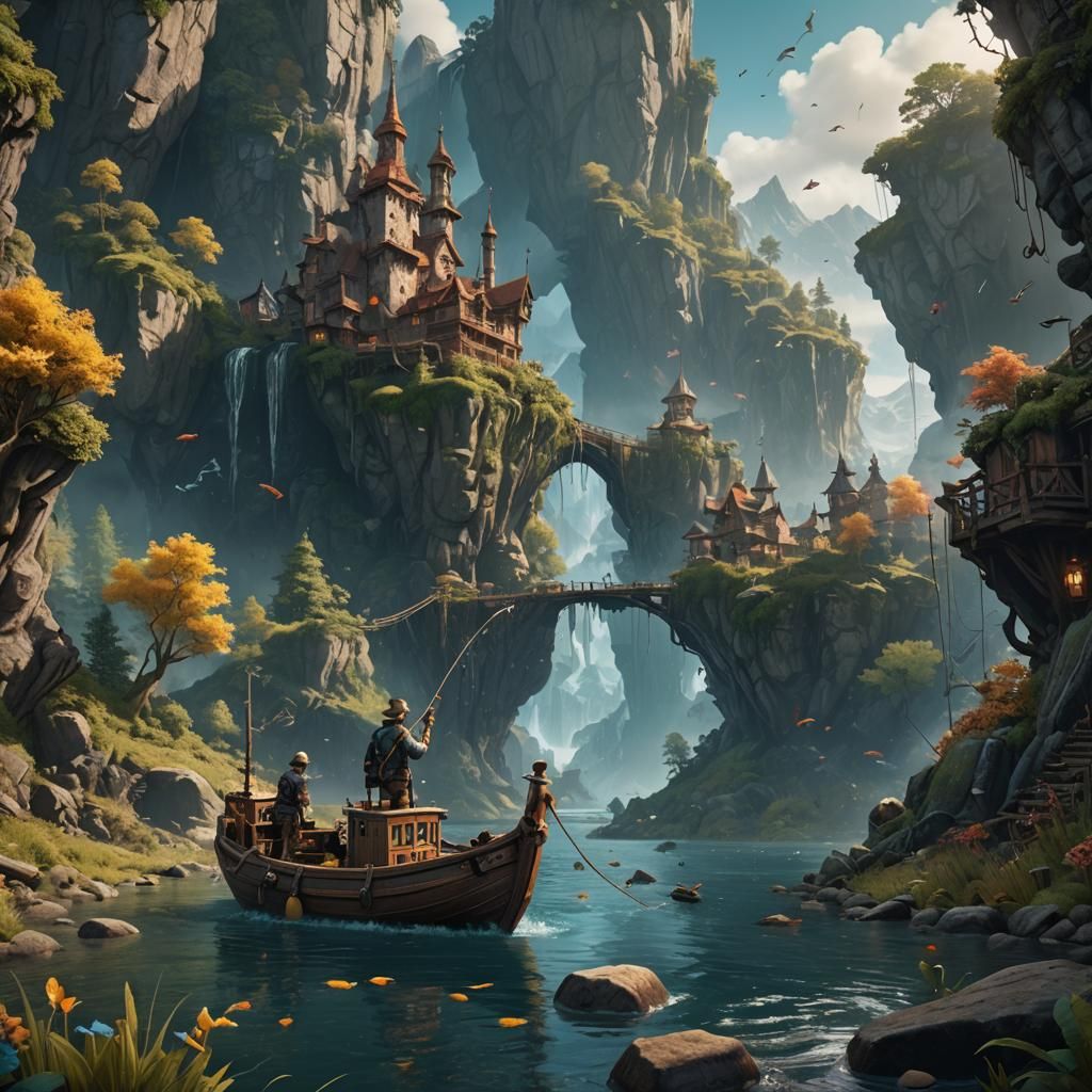 Fantastical Fishing Scene: Detailed Matte Painting