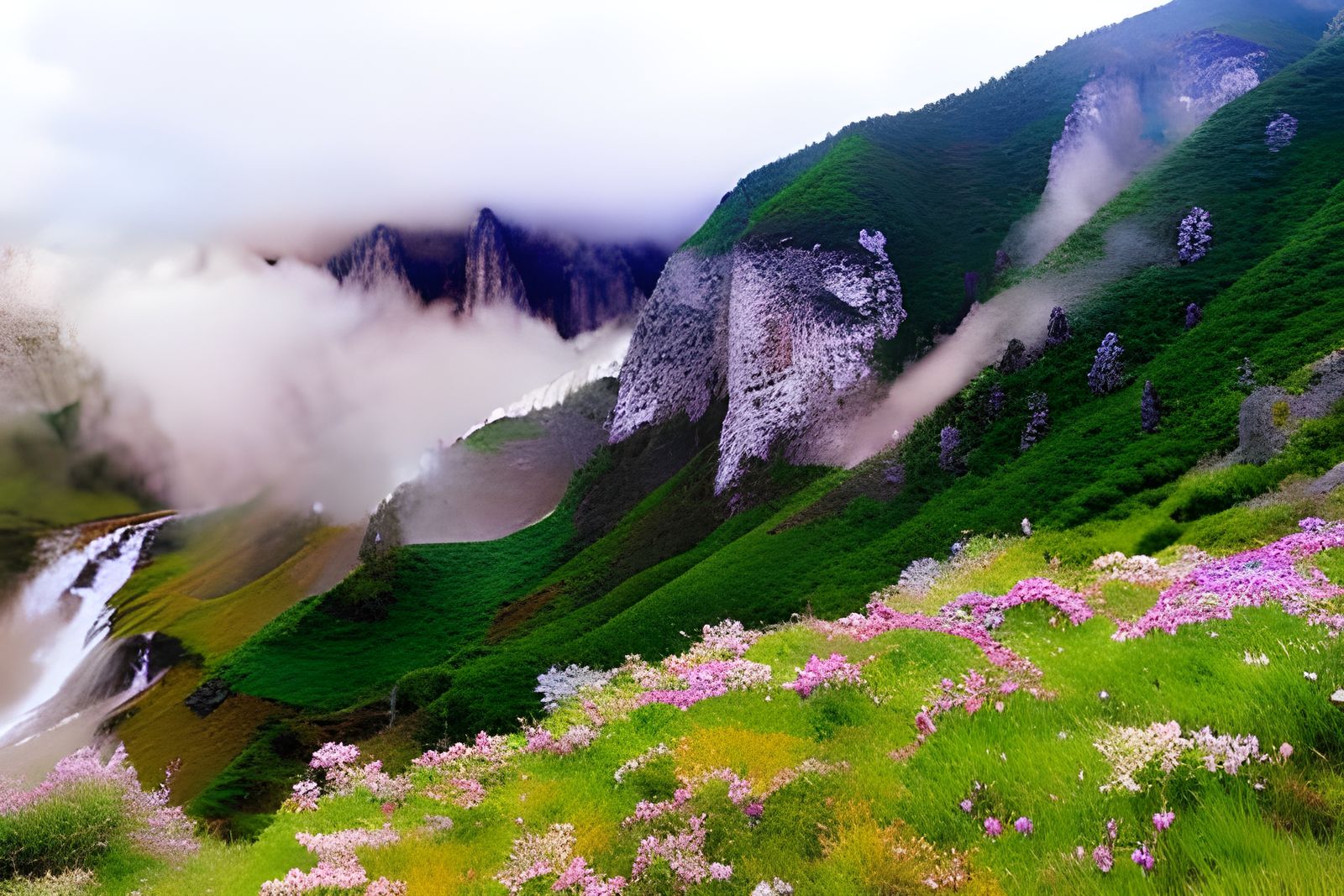 Flowery Valley with Waterfall and Butterflies