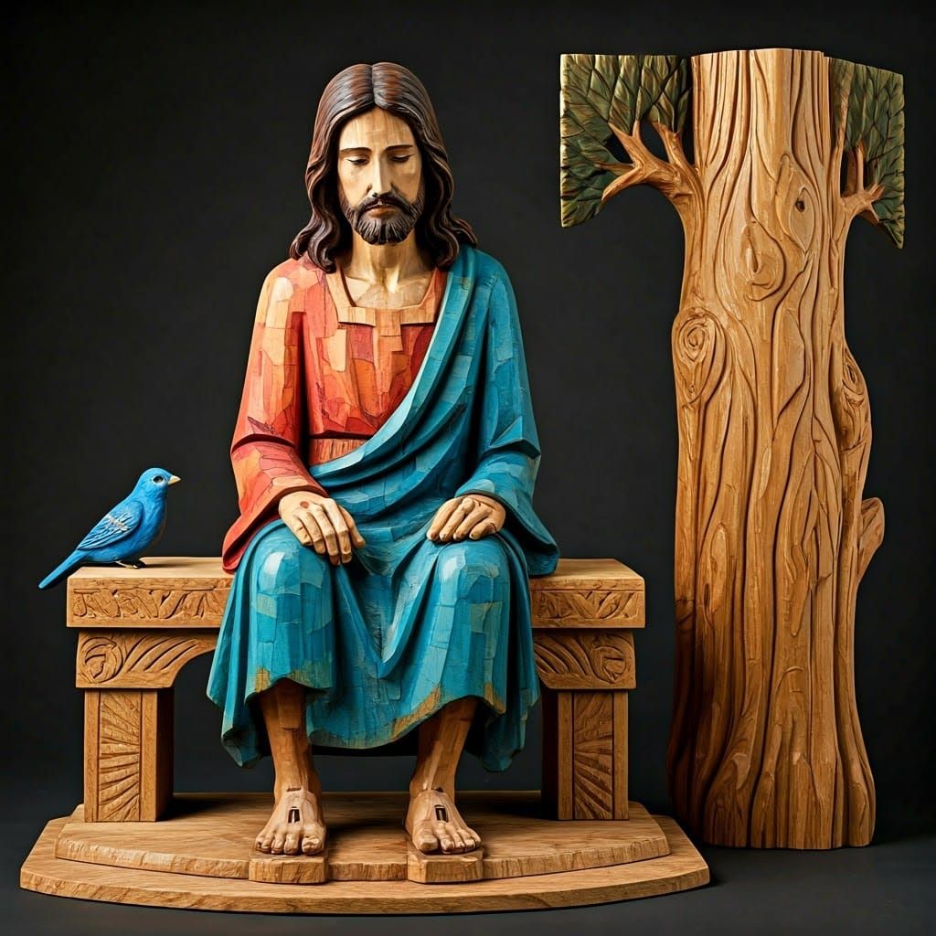 Colorful Wood Carving of Jesus with Bird