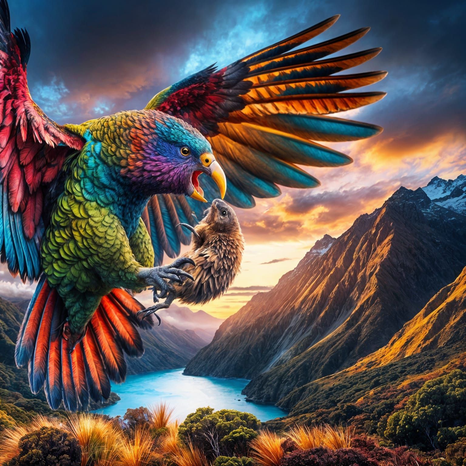 Colorful Kea Snatching Wētā in Mountain Landscape
