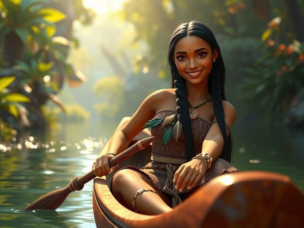 Pocahontas sitting in a canoe