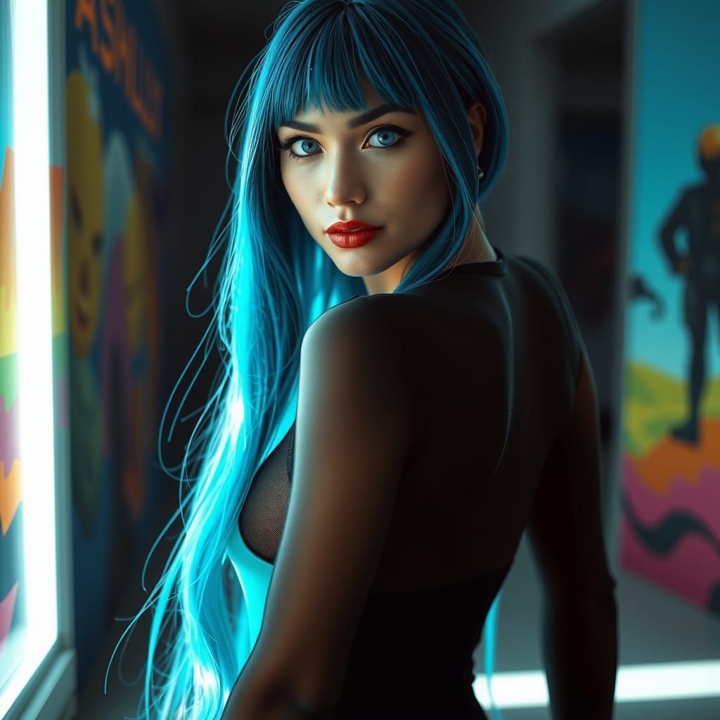 Woman with Blue Hair in Hyperrealistic Style
