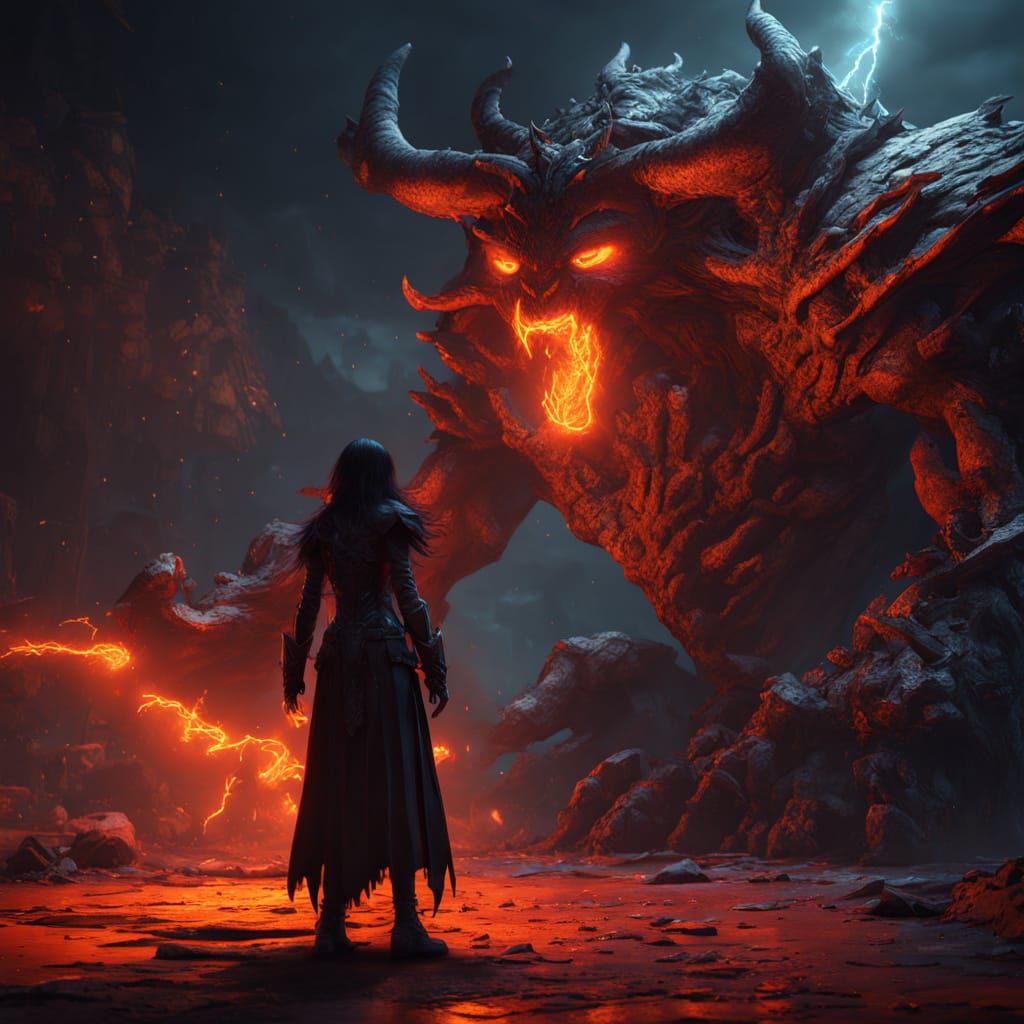 Evil Sorceress Confronts Demon in Dark Fantasy Art