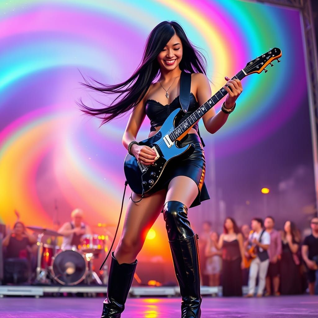 Electric Guitarist Plays Concert with Aurora Mist Effect