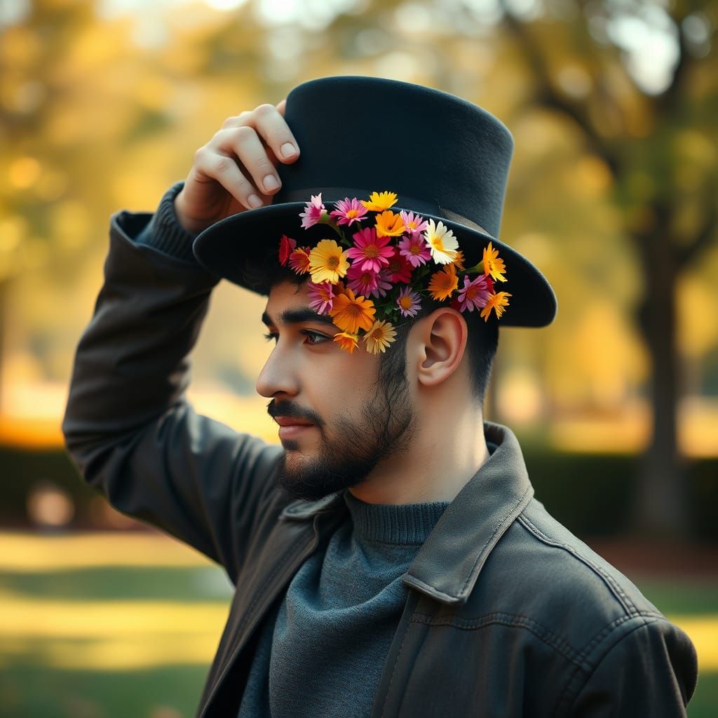 Floral Mind: Man with Blooming Scalp in Park