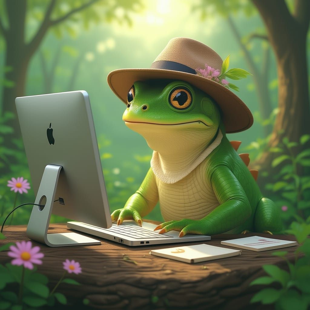 Frog Wearing Top Hat Typing on iMac in Lush Forest