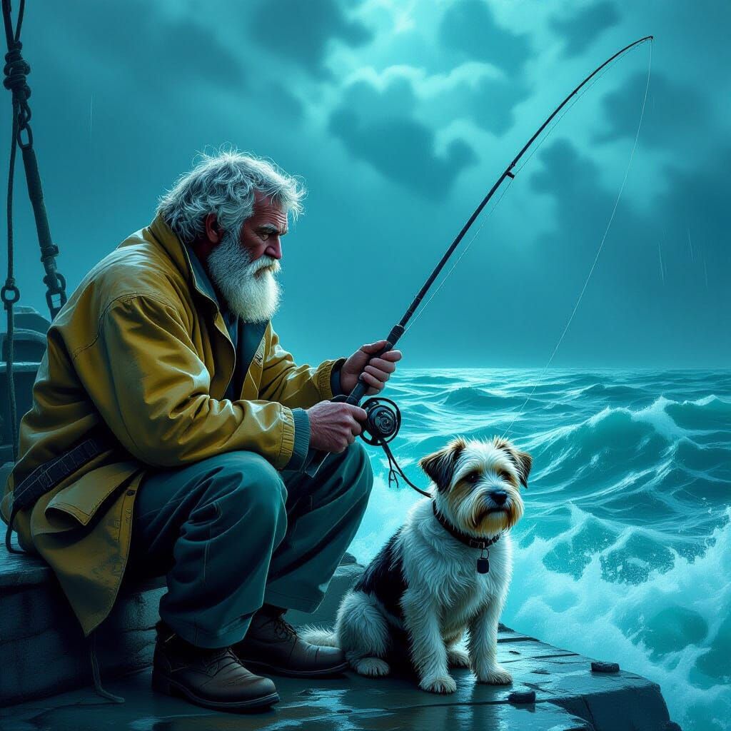Old Fisherman and Dog Brave Stormy Phosphorescent Sea