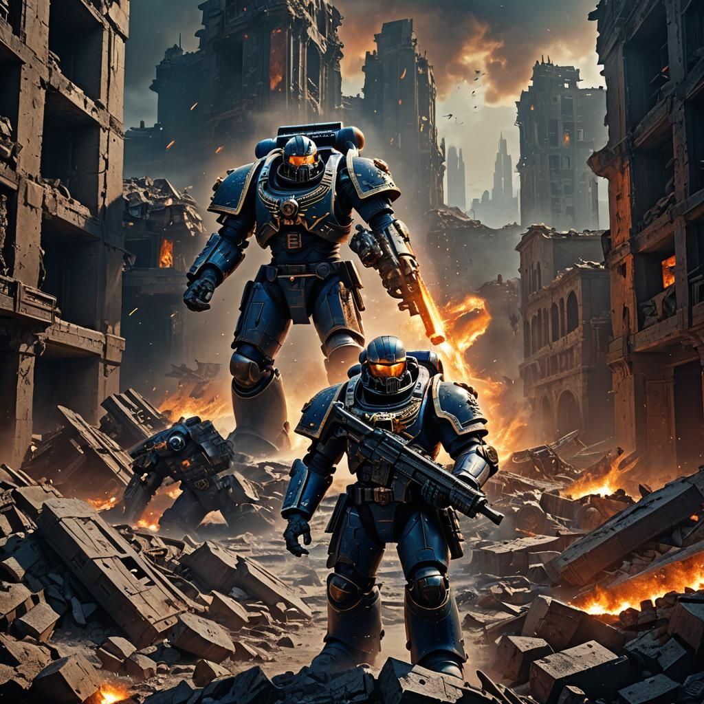 Space Marine in Ruined Cityscape: Digital Matte Painting