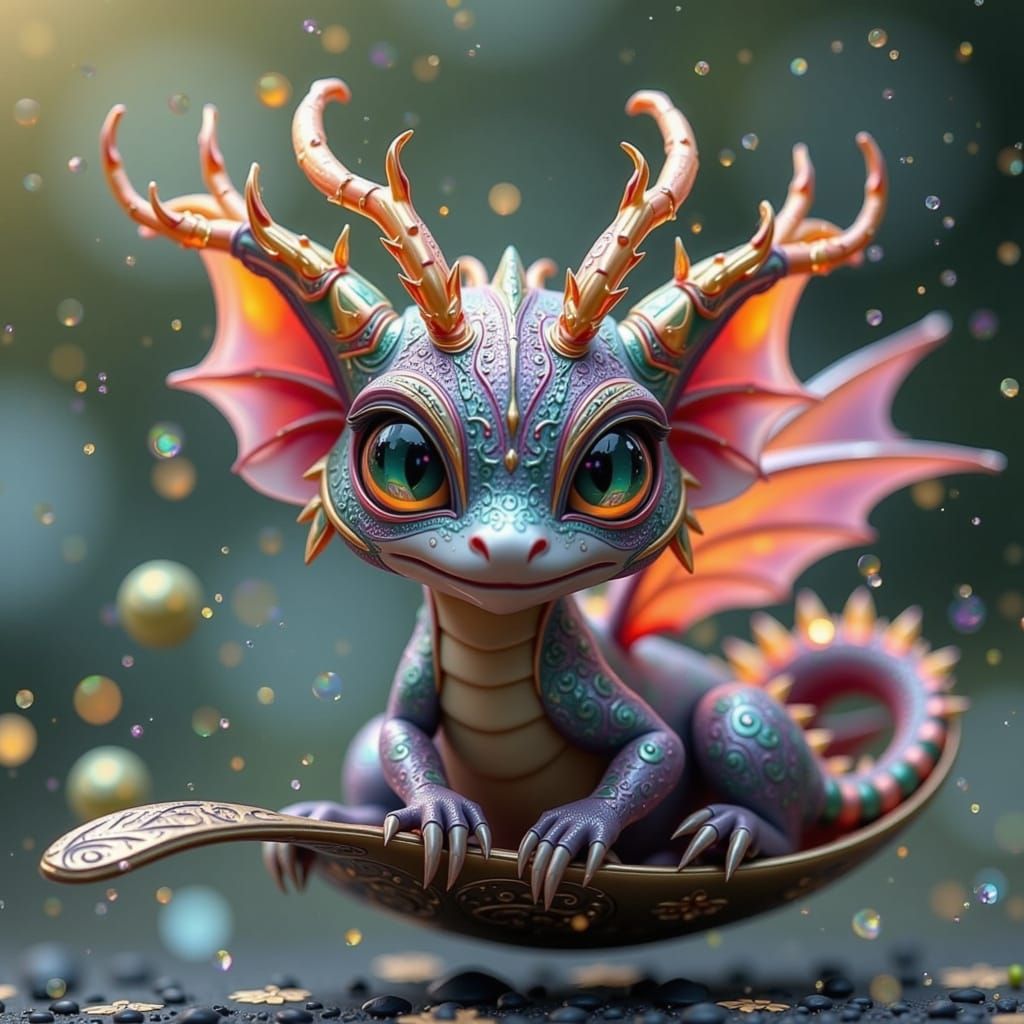 Miniature Dragon on Spoon in Vibrant Art Style