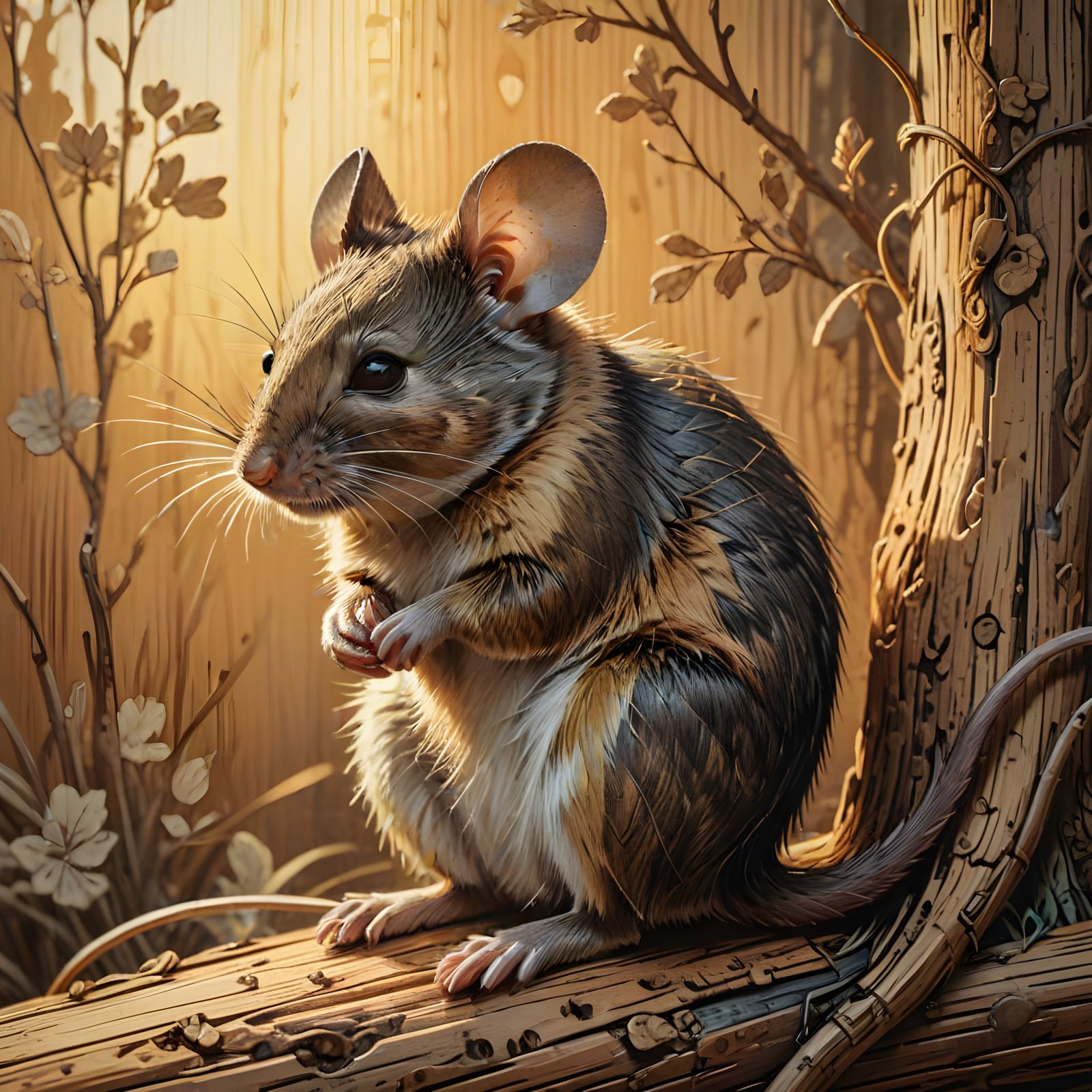 Shy Mouse in Manga Woodcut Print Style