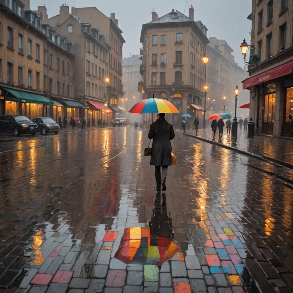 Rainy Cityscape Reflections in Photo Art Style