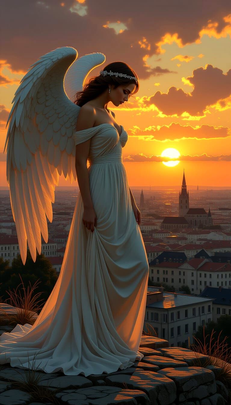 Wounded Angel in Dark Sunset: Hyperdetailed Art