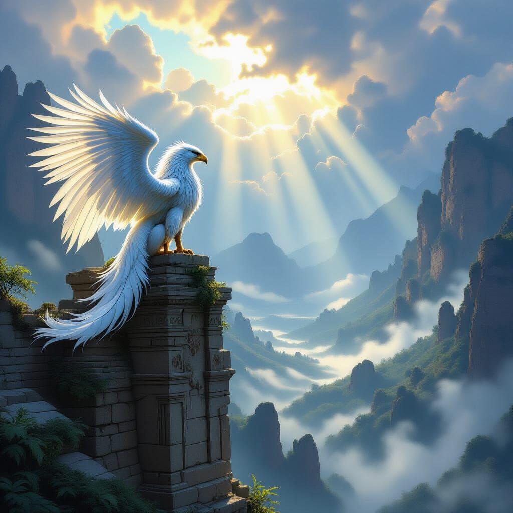 Majestic Griffin on Ancient Ruin in Mist Valley