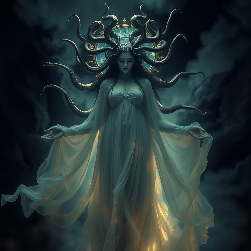 Mystical Lady Medusa in Dark, Dreamlike Double Exposure