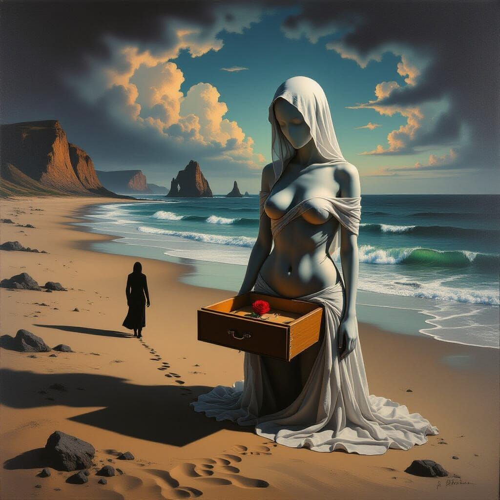 Surreal Coastal Landscape with Melting Figure in Dalí Style
