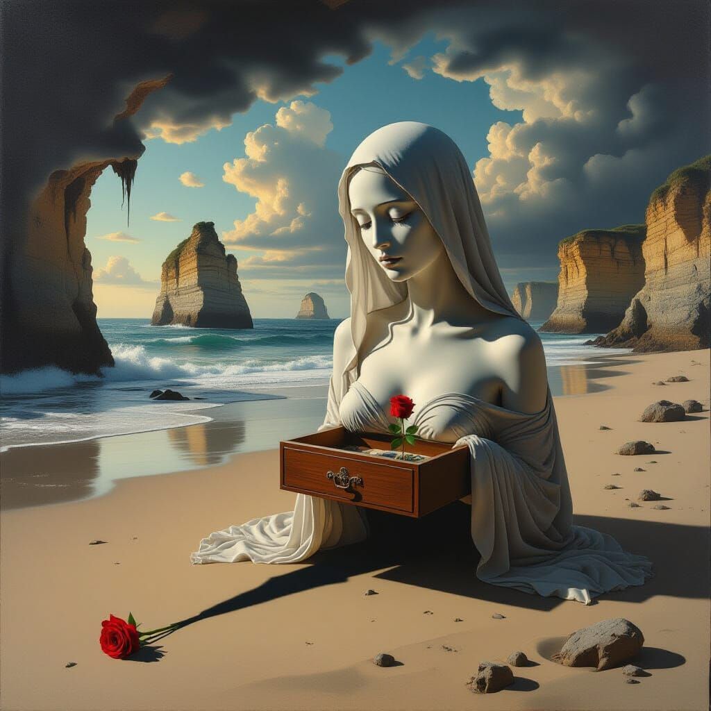 Surreal Coastal Landscape with Melting Figure in Dalí Style