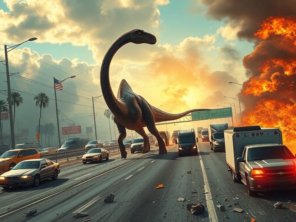 Gigantic Brachiosaurus Emerges from Prehistoric Chaos onto F...