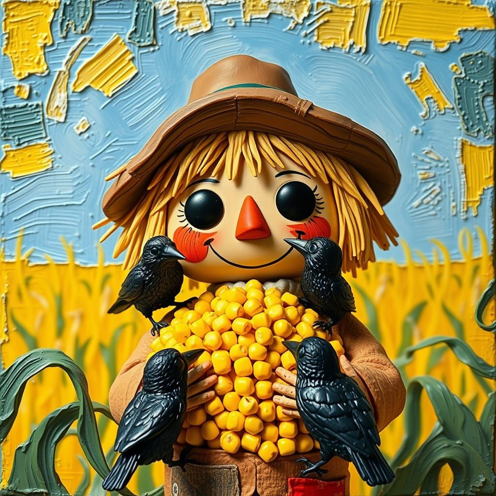 Friendly Scarecrow with Crows, Impasto Style