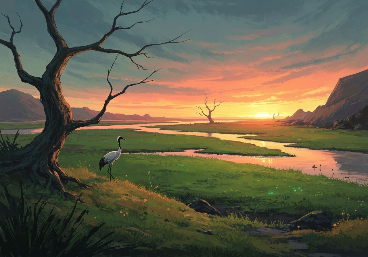 Fantasycore River Delta with Crane in Oil Paint Style