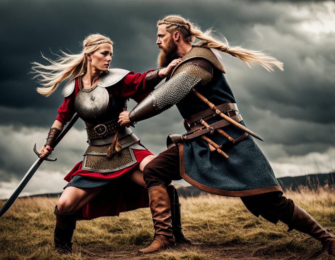 Viking Woman Warrior Battles Saxon Man