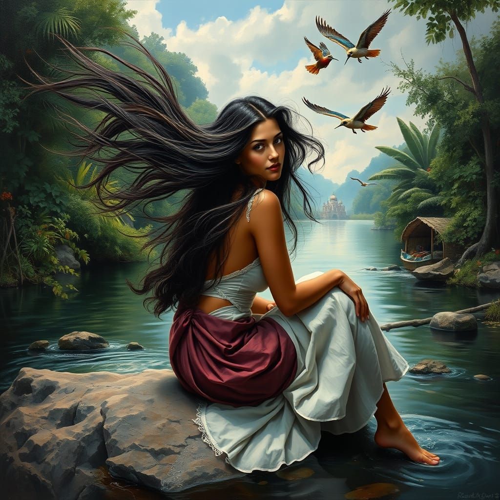 Italian Woman by River in Rubens Style