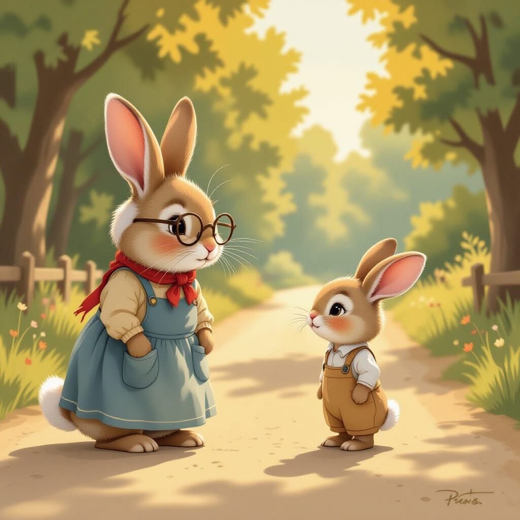 Grandmother Rabbit and Grandson on a Road in Children's Illu...