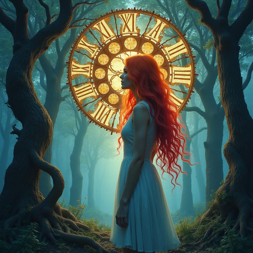 Mystical Forest Dreamscape with Clockwork, Pen and Ink Style