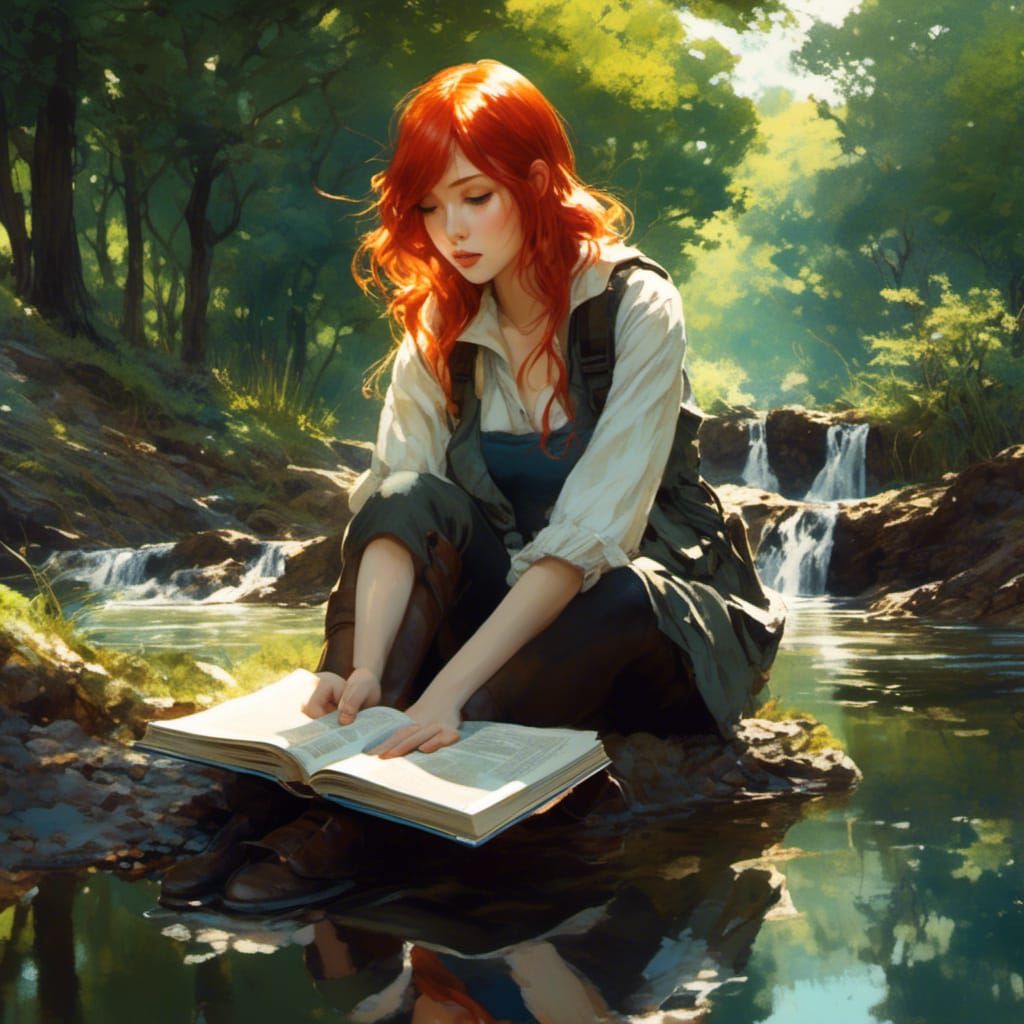 Anime Girl Reading Book in Park, Watercolor Style