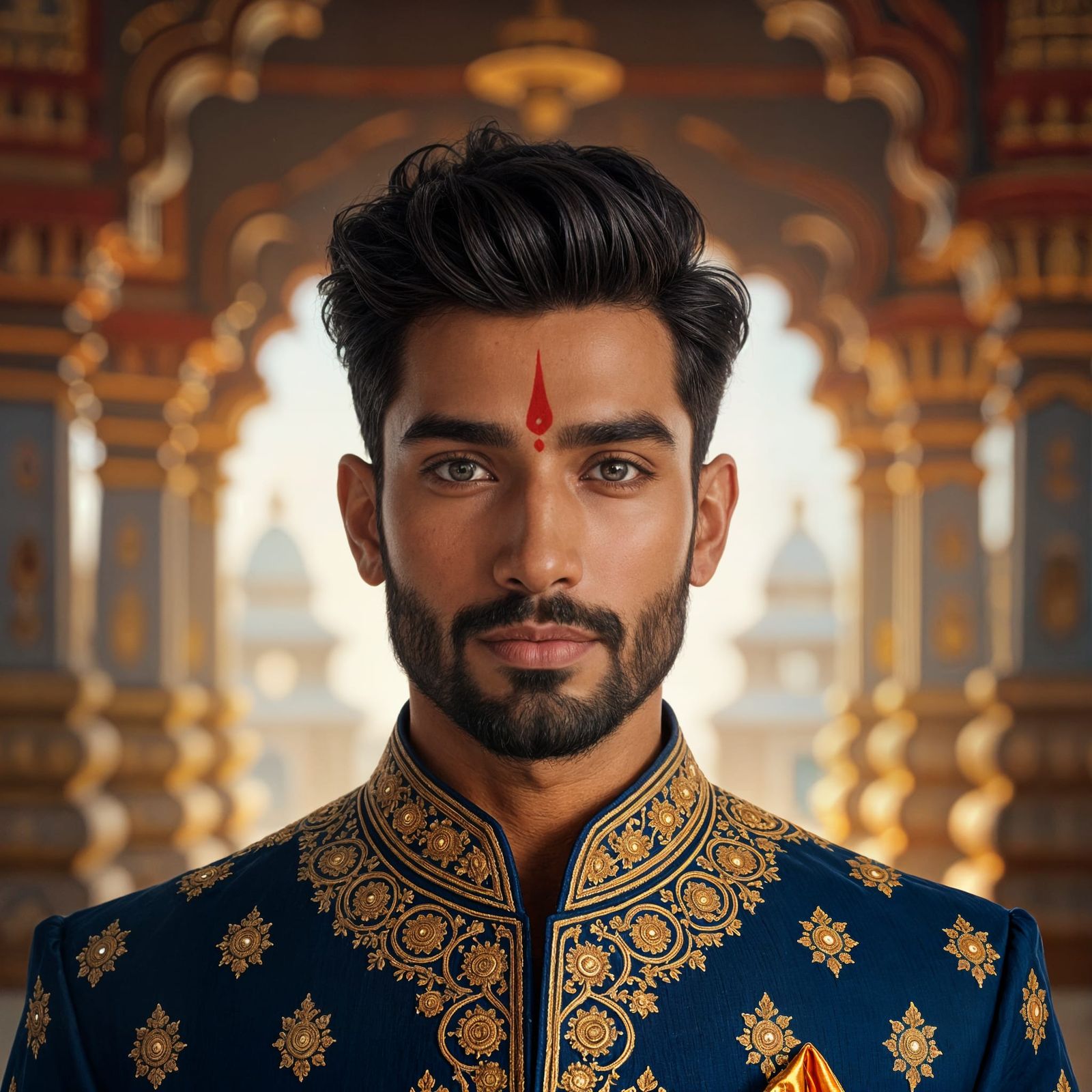 Indian Man Portrait in Blue and Gold Sherwani
