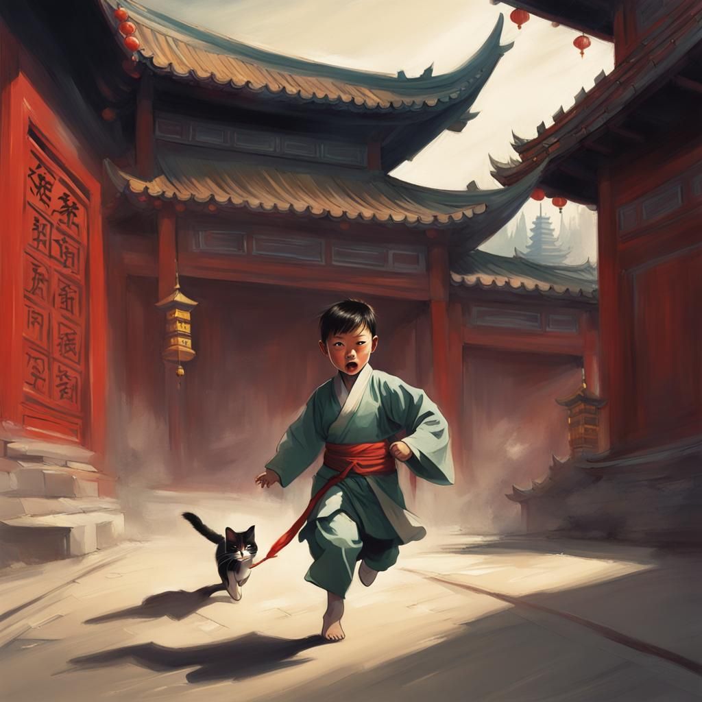 Boy in Hanfu Runs from Cat, Sinister Art