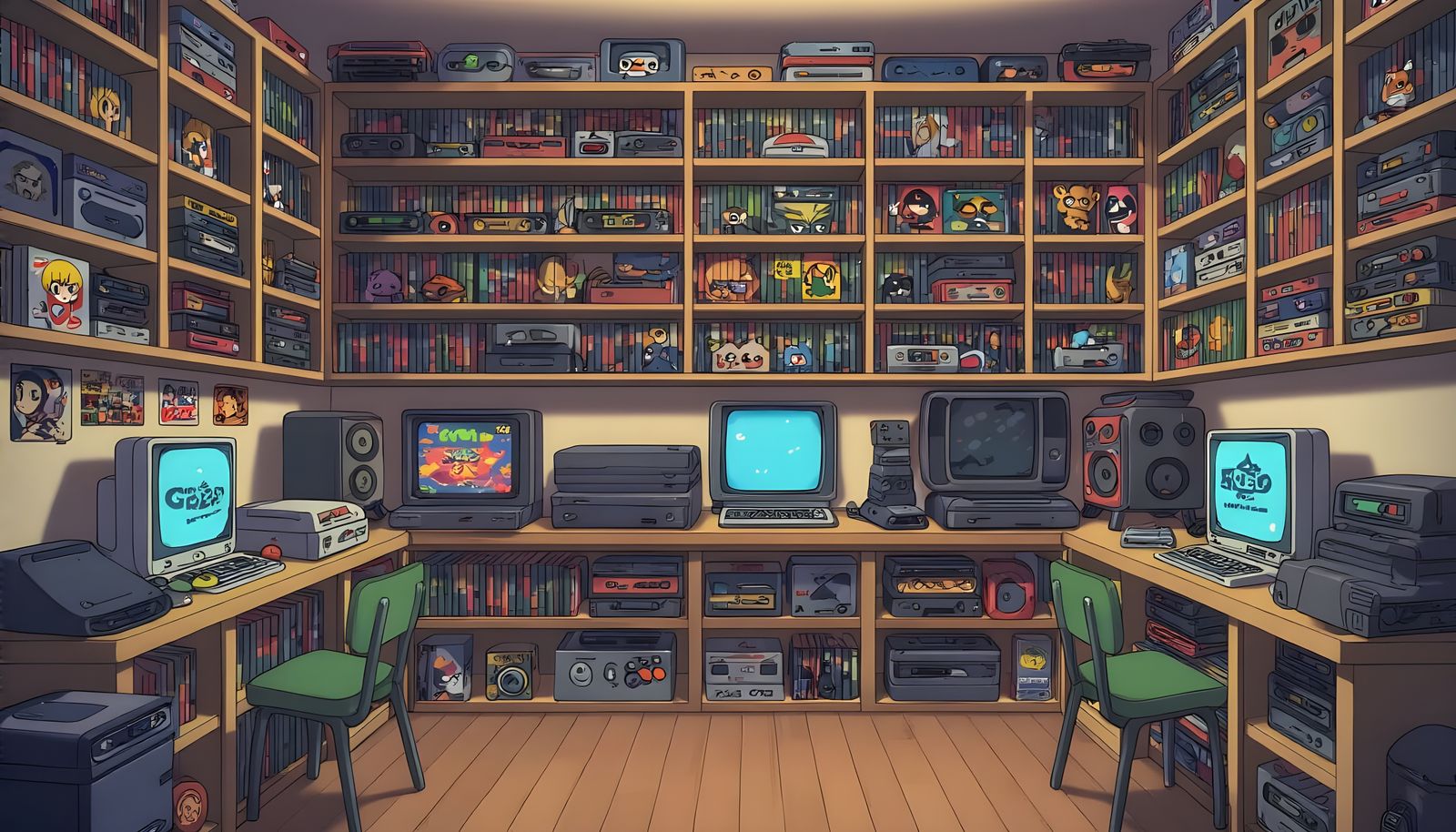 Anime Style Retro Gaming Room with Consoles
