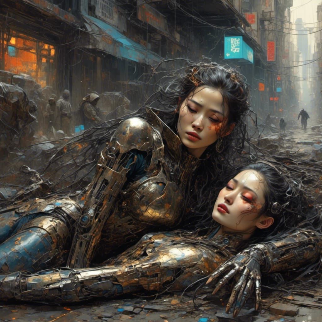 Post-Apocalyptic Cyborg Death in Neurographic Ink Style