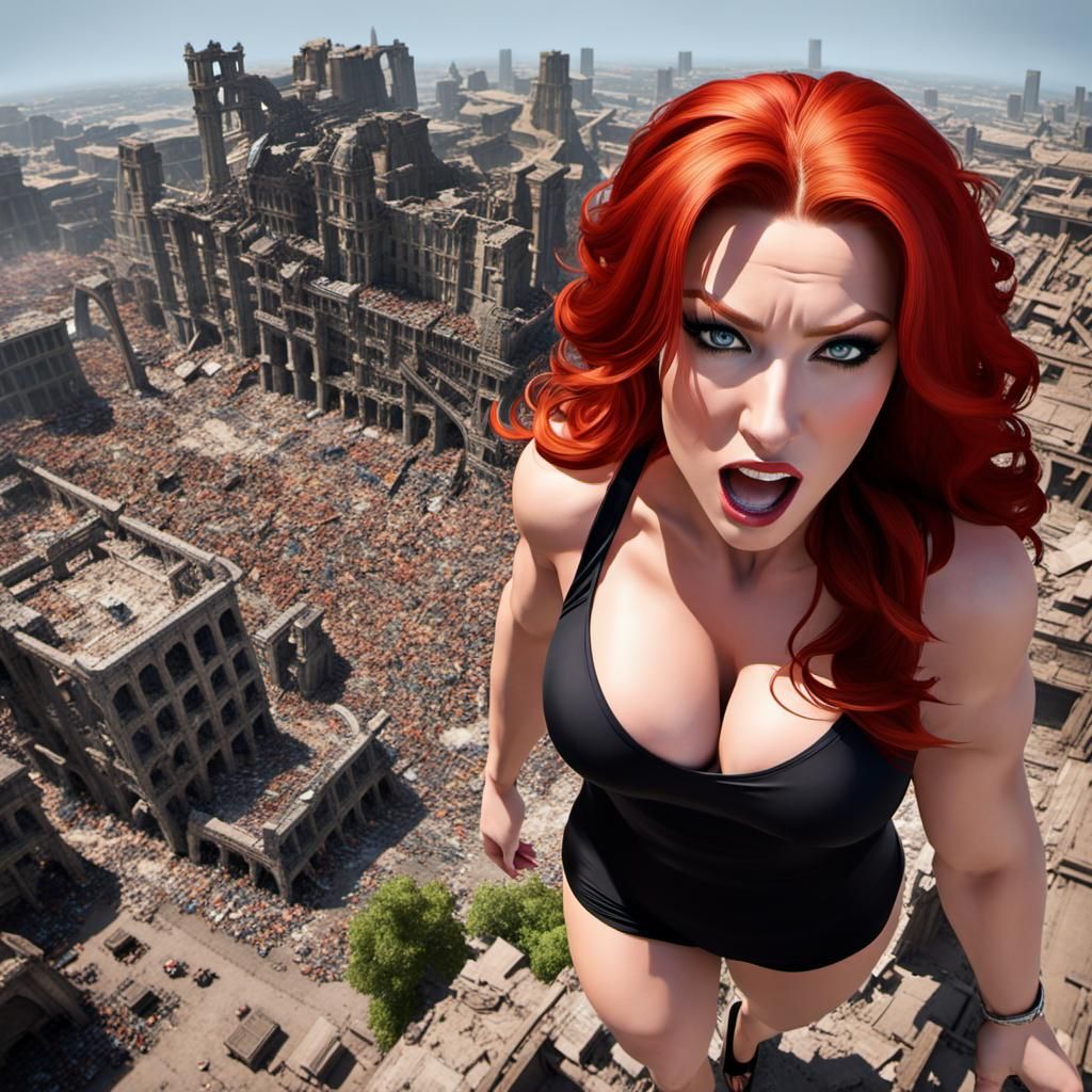 Giant Redhead Rampages Through Ruined City