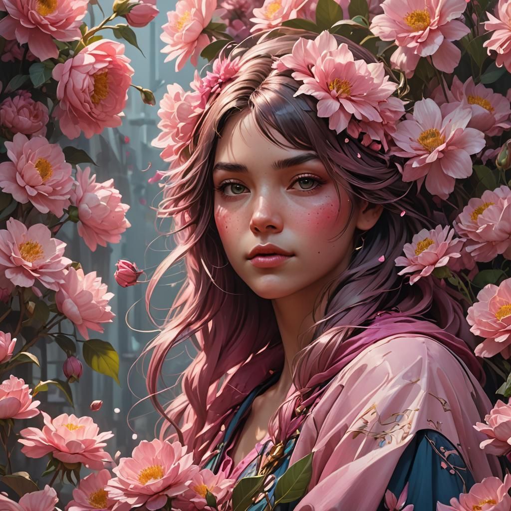 Pink Flower Goddess Portrait in Hyperdetailed Style