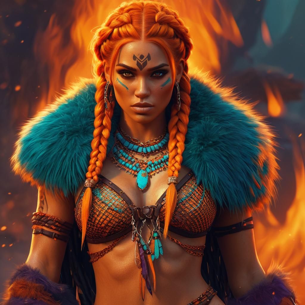 Barbarian Woman with Fiery Braids, Fantasy Art