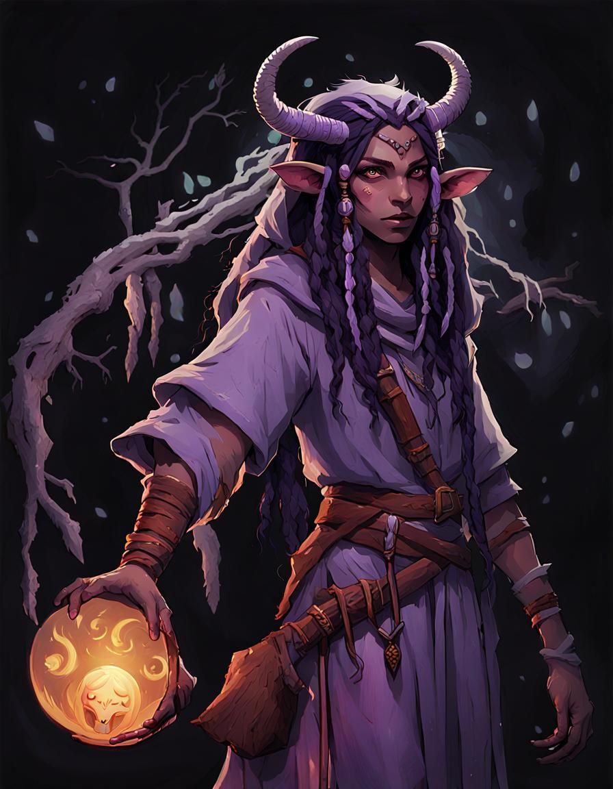 Tiefling Druid Emerges from Enchanted Forest Shadows