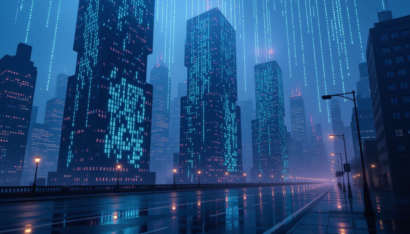Cyberpunk Cityscape Drenched in Binary Code After Dark