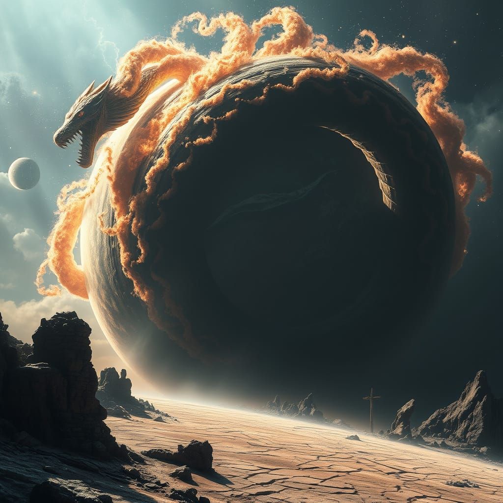 Cosmic Serpent Around Barren Planet in Dark Fantasy Style