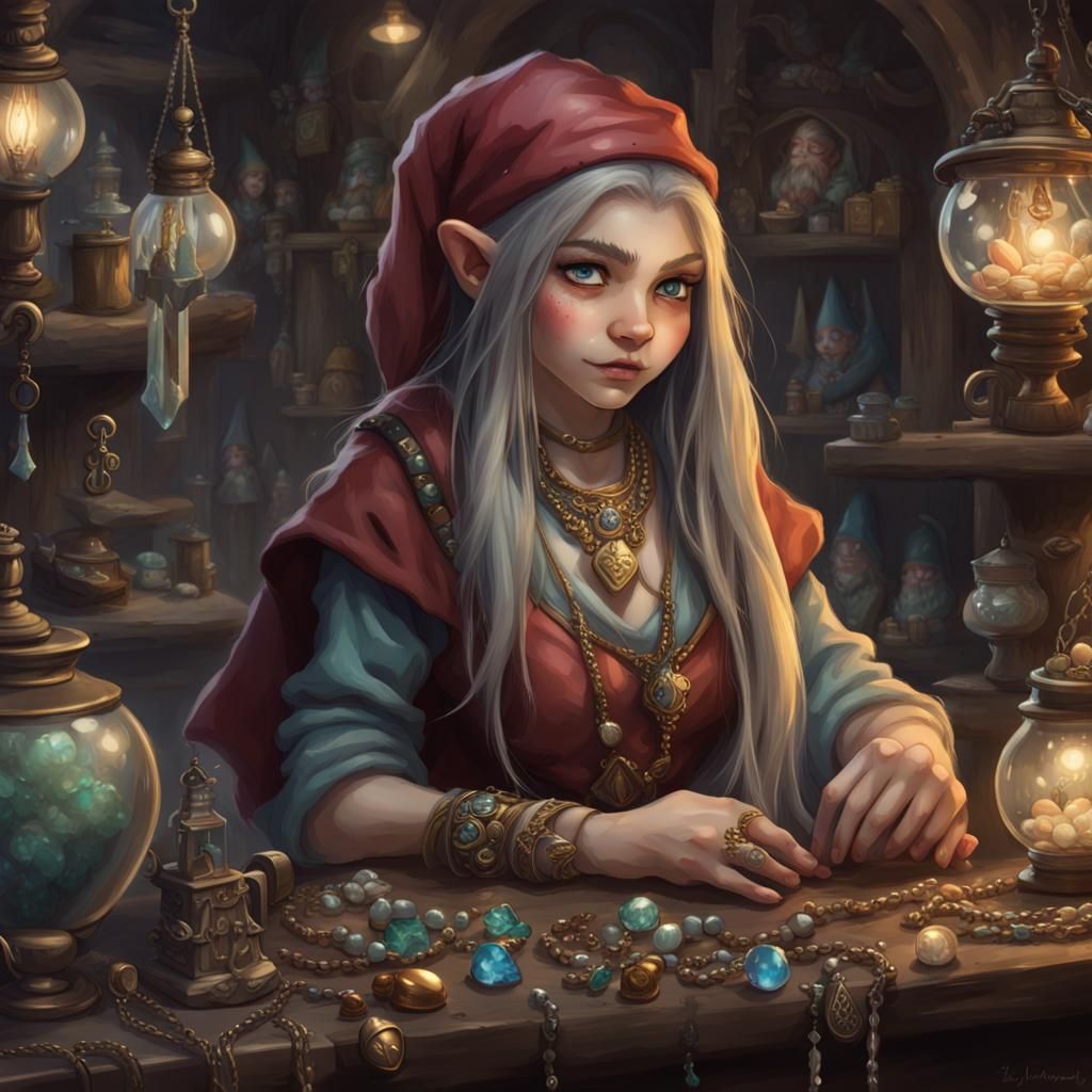 Anime Female Gnome Illusionist in Pawn Shop