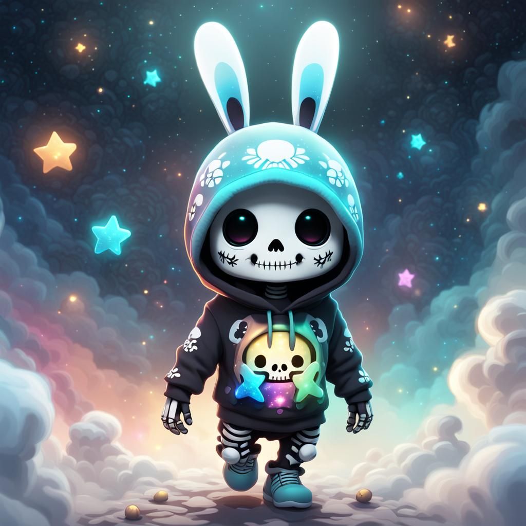 Chibi Skeleton Bunny in Dreamscape, CGI Art