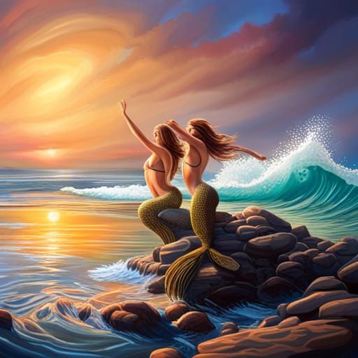 Sunset Mermaids: Hyperrealistic Sea Art