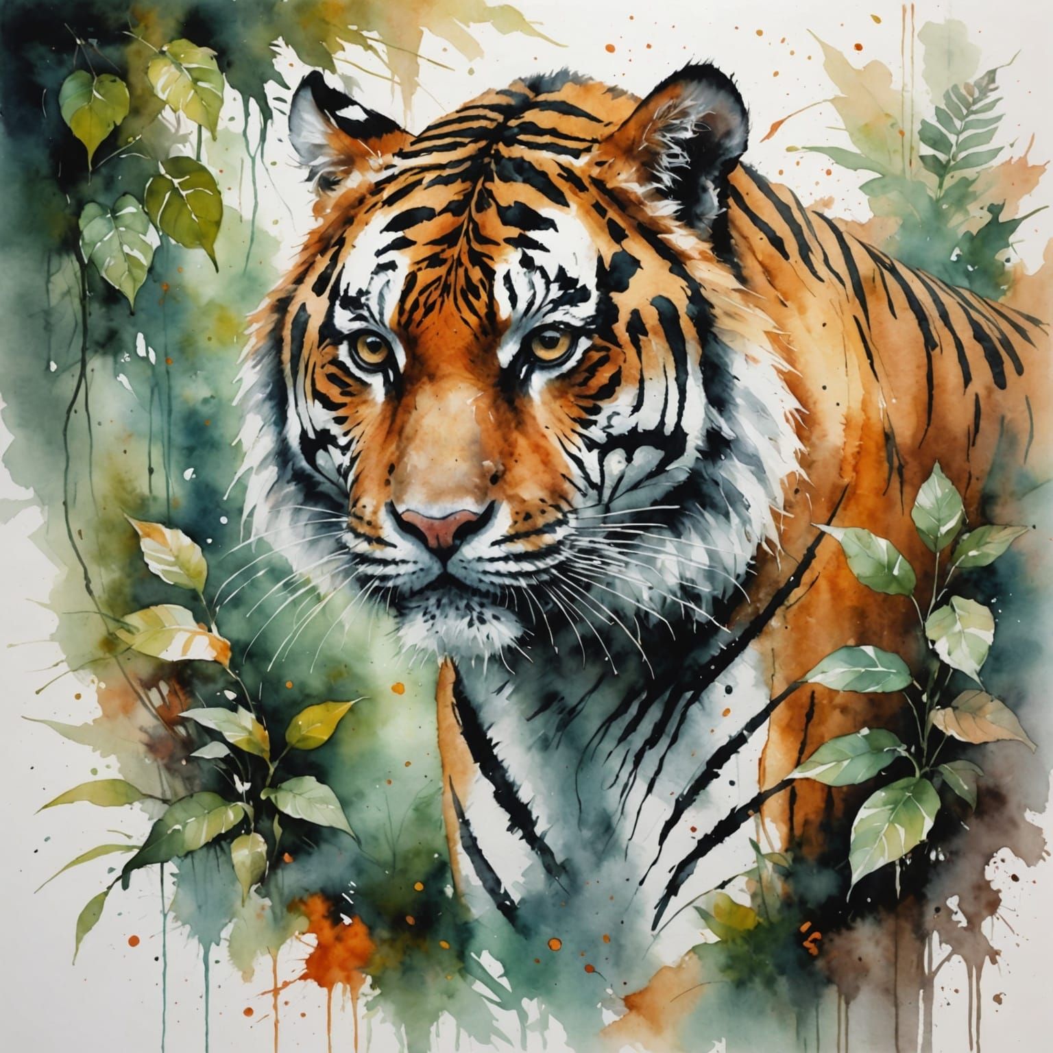 Whimsical Watercolor Tiger in Lush Jungle