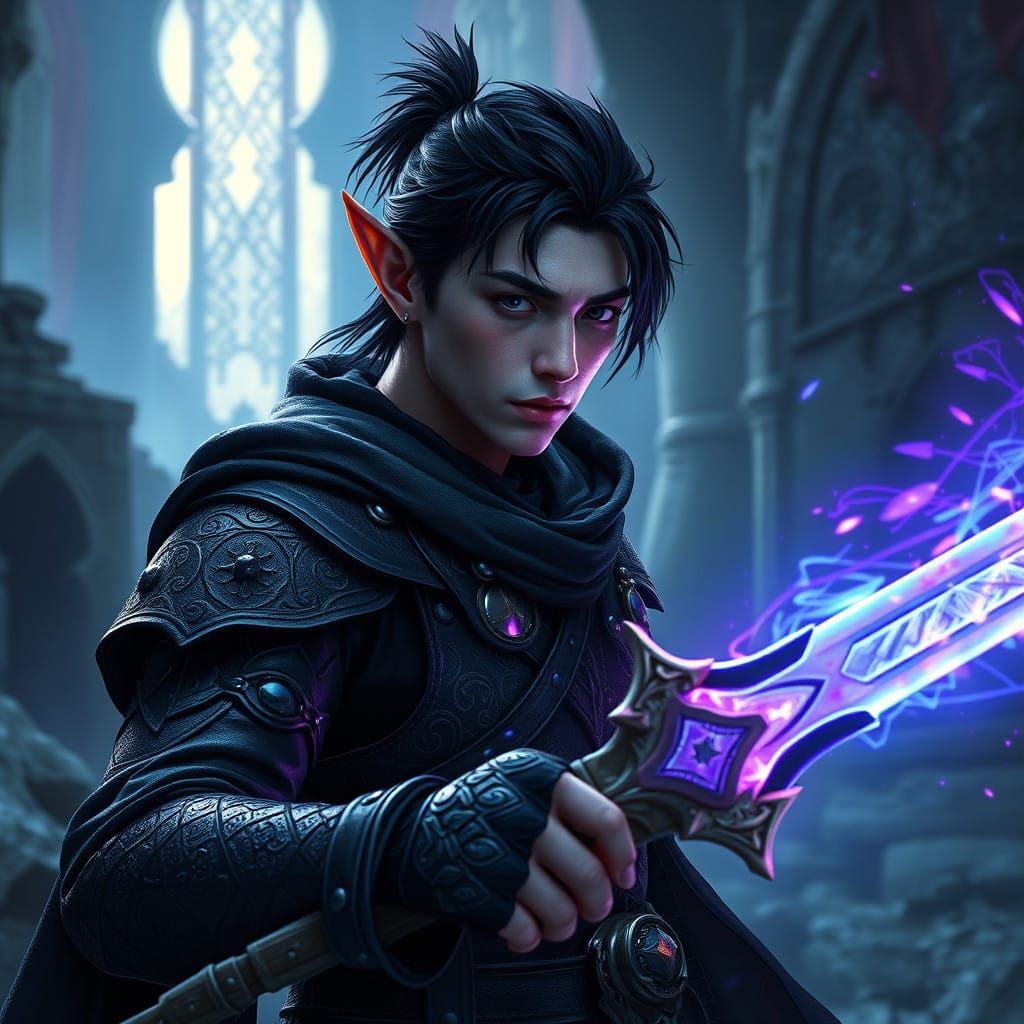 Dark Elf Sorcerer Wields Magical Sword in Ancient Ruins